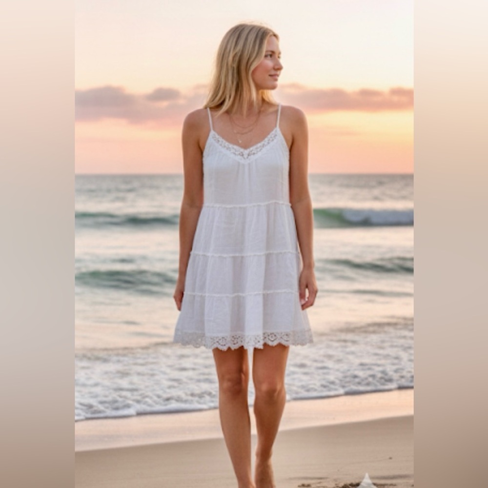 Raviva Women’s‎ Size Large White Maxi Rayon/Cotton Tiered Cottagecore Dress Boho